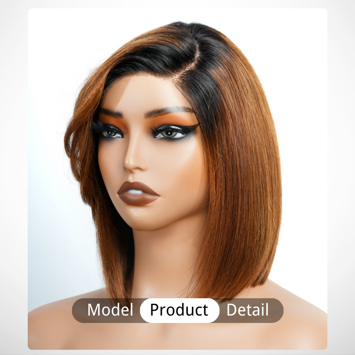 Elle Vane Dark Root Ombre Light Brown Brazilian Straight Short Bob Lace Wig