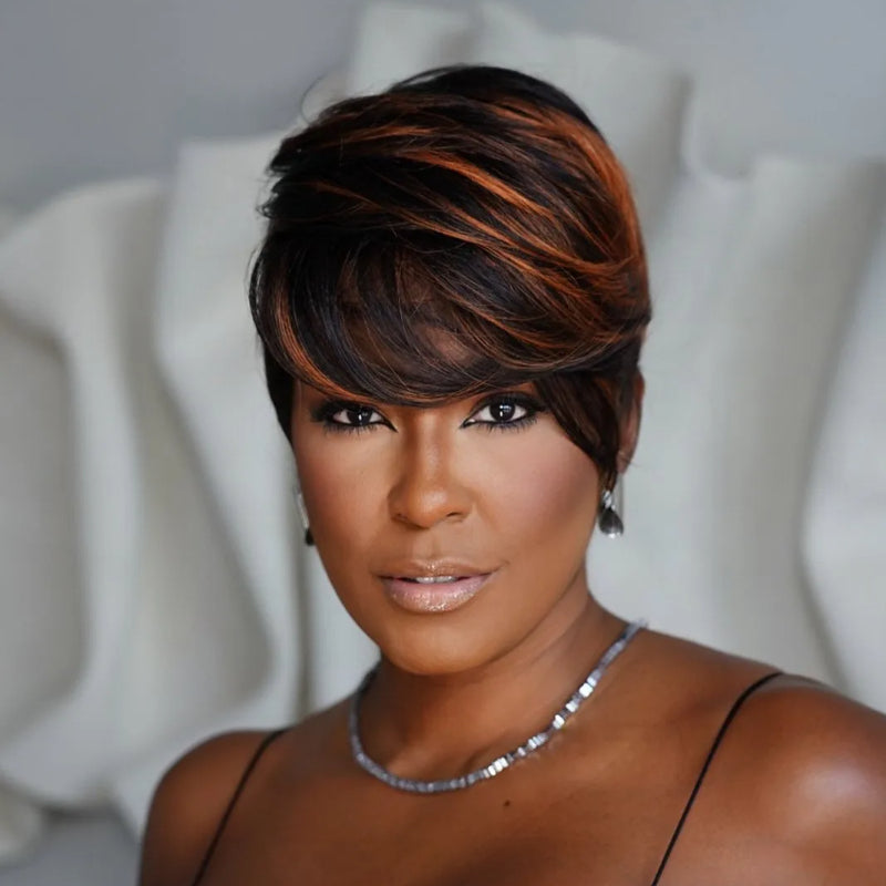 Elle Vane Glueless Brown Highlight Side Part Layered Pixie Cut Wig