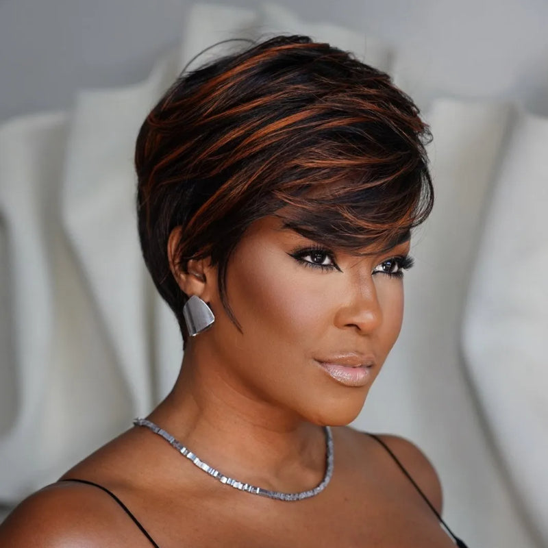 Elle Vane Glueless Brown Highlight Side Part Layered Pixie Cut Wig