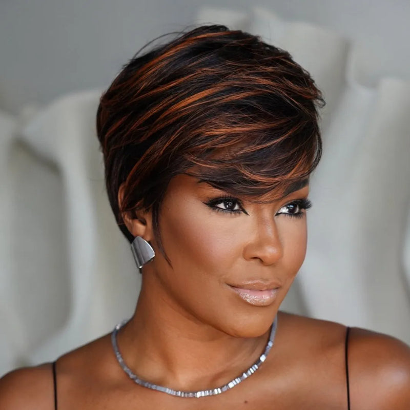 Elle Vane Glueless Brown Highlight Side Part Layered Pixie Cut Wig