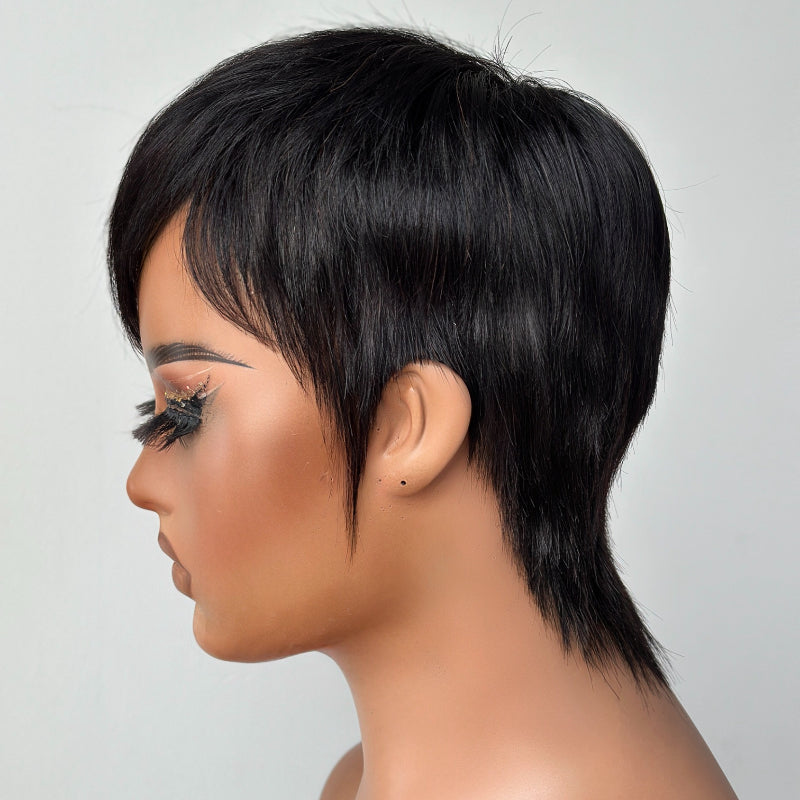 Full Lace Natural Black Short Pixie Cut Hair Wig With Bang