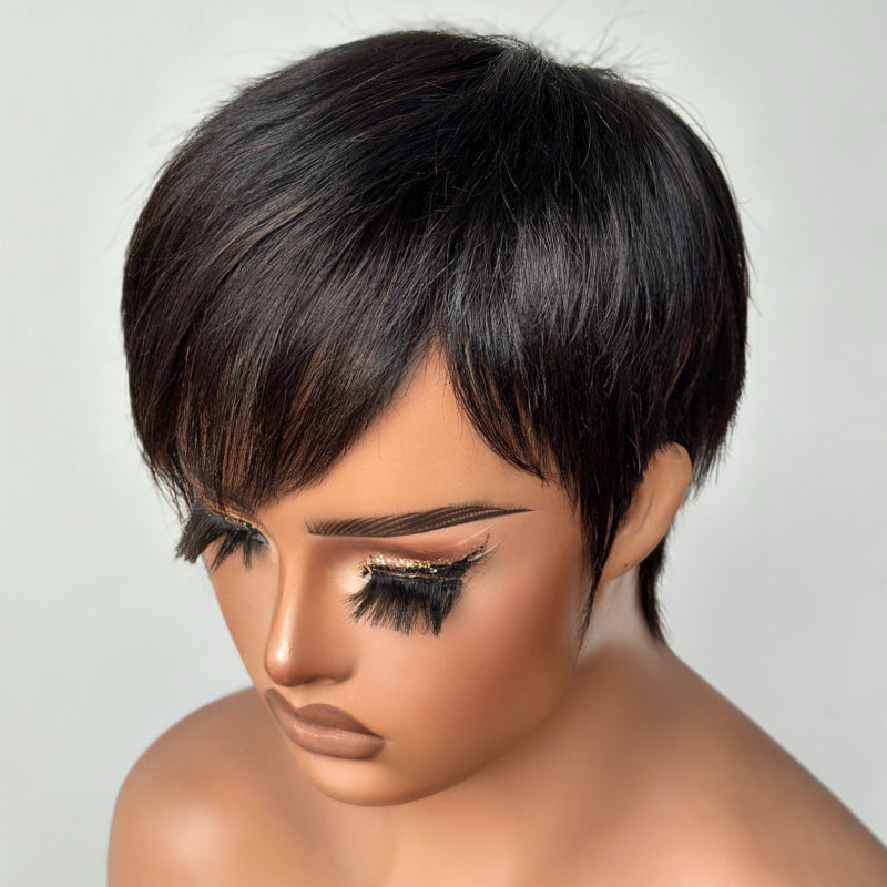 Full Lace Natural Black Short Pixie Cut Hair Wig With Bang
