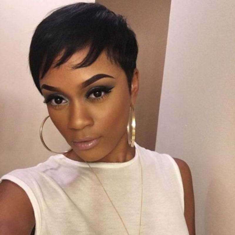 Full Lace Natural Black Short Pixie Cut Hair Wig With Bang