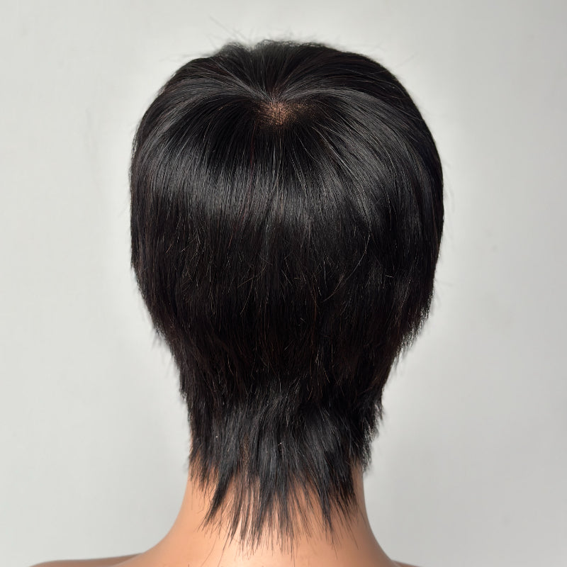 Full Lace Natural Black Short Pixie Cut Hair Wig With Bang