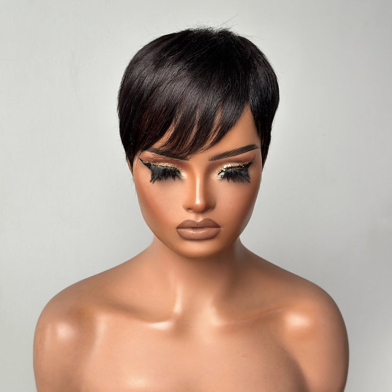 Full Lace Natural Black Short Pixie Cut Hair Wig With Bang
