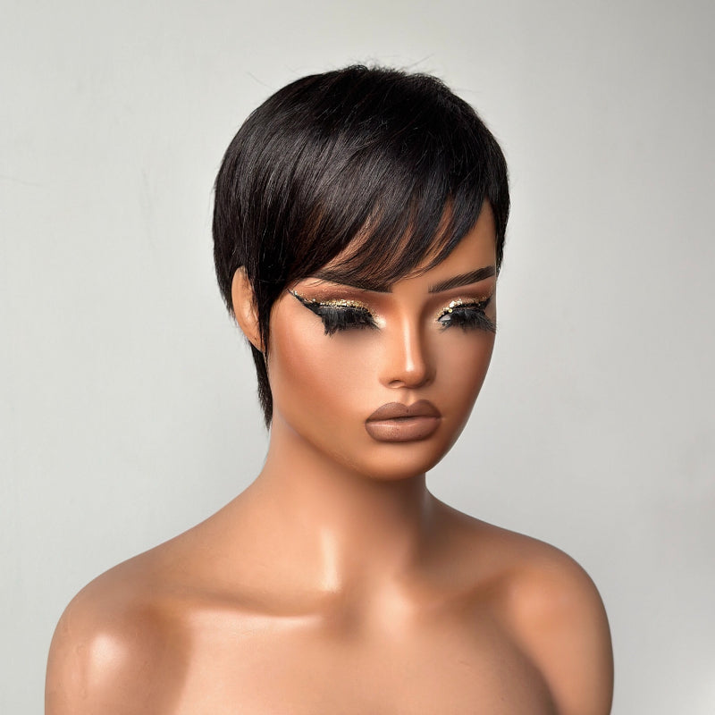 Full Lace Natural Black Short Pixie Cut Hair Wig With Bang