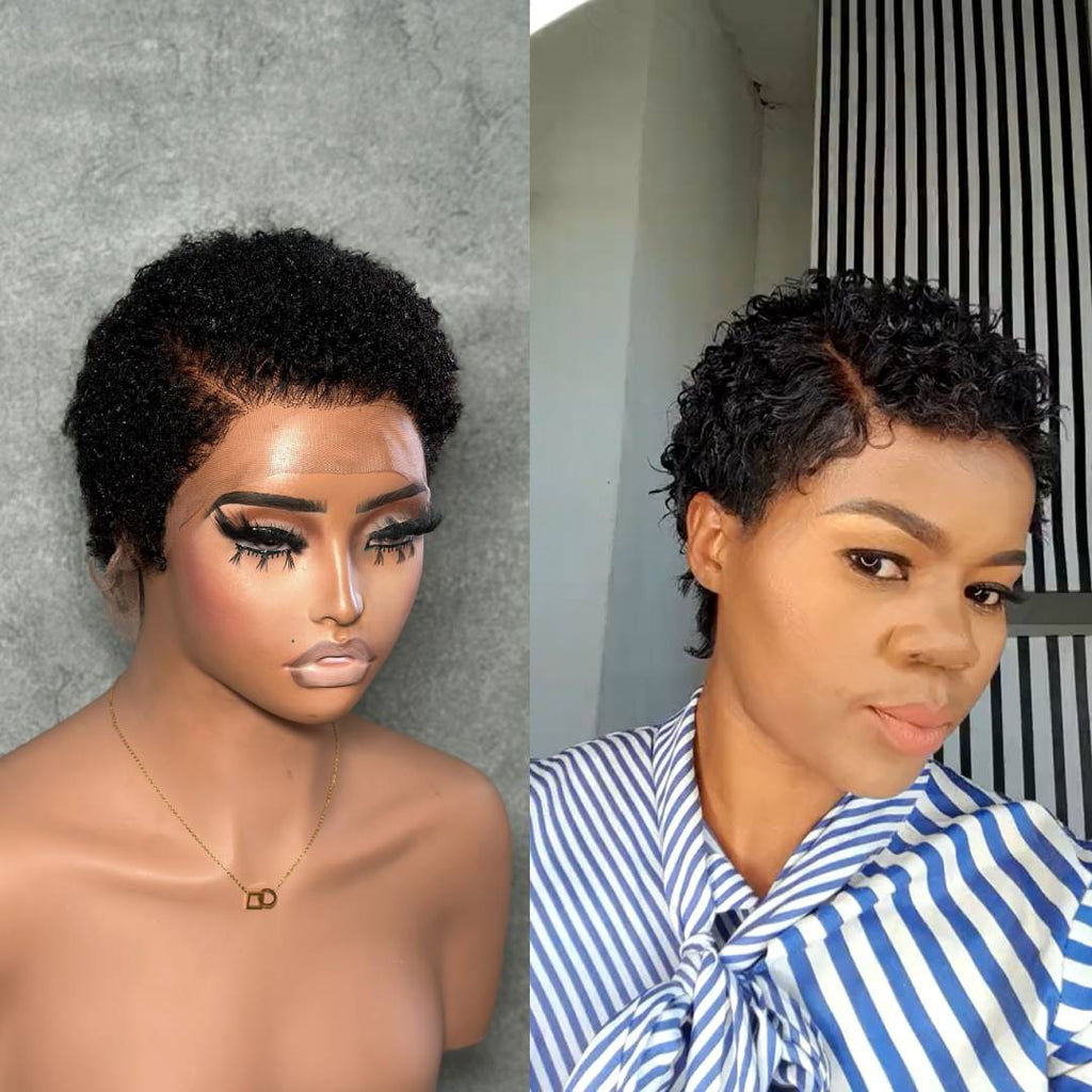 Full Lace Curly Pixie Cut Wig Side Part Drawstring 180% Density Human Hair