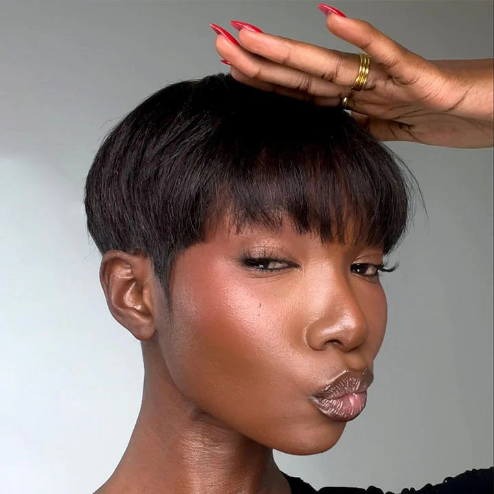 Elle Vane Put on & Go Natural Black Short Pixie Hair Bowler Cut Wig