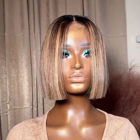 Elle Vane 613 Ombre Blonde Highlight with Brown Blunt Cut Bob Wig