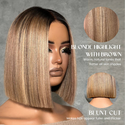 Elle Vane Ash Blonde Highlights Adjustable Cap Virgin Hair Bob HD Lace Wig