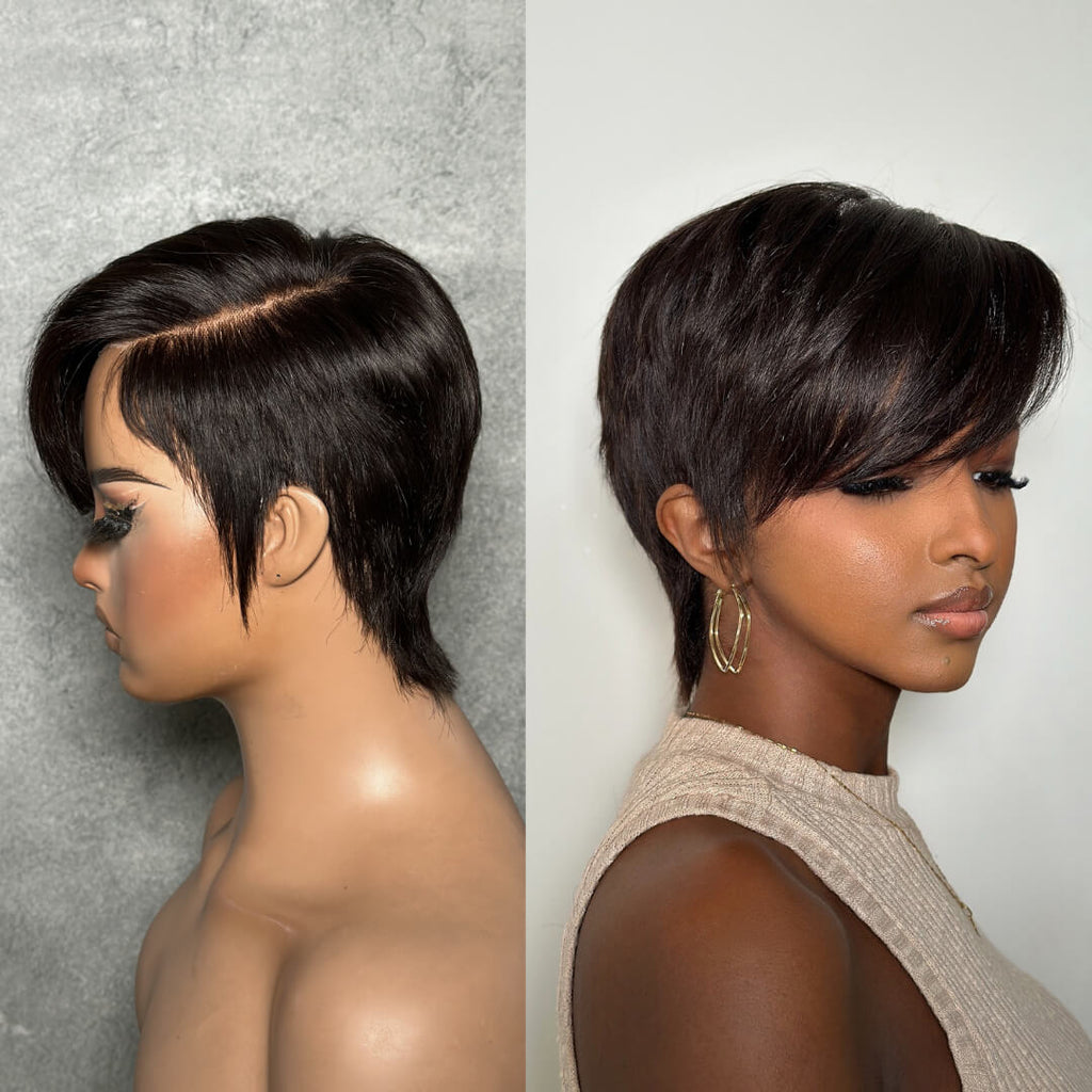 Natural Full Lace Pixie Cut Wig With Side Swept Bangs