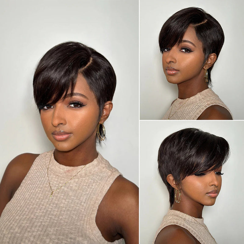 Natural Full Lace Pixie Cut Wig With Side Swept Bangs