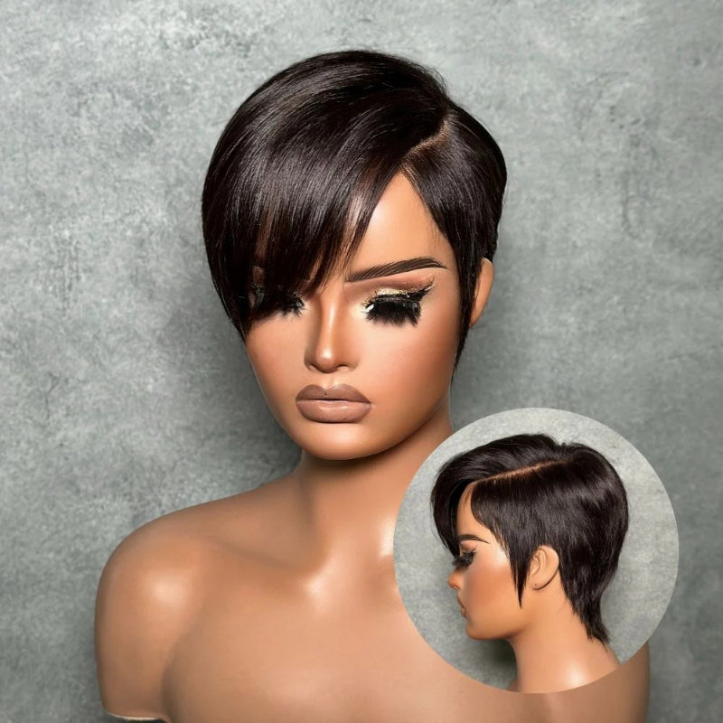 Natural Full Lace Pixie Cut Wig With Side Swept Bangs