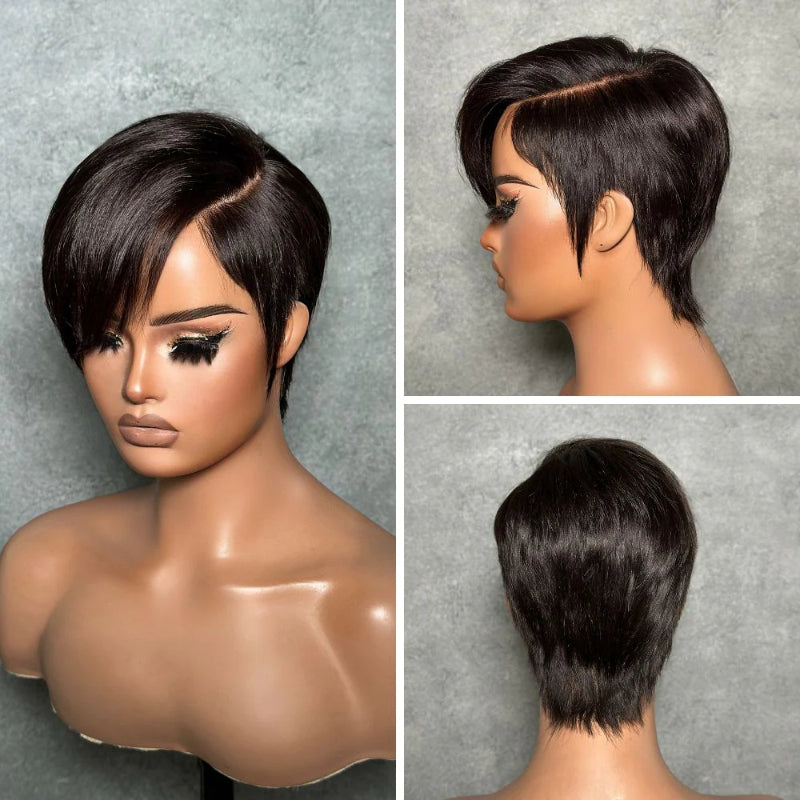 Natural Full Lace Pixie Cut Wig With Side Swept Bangs