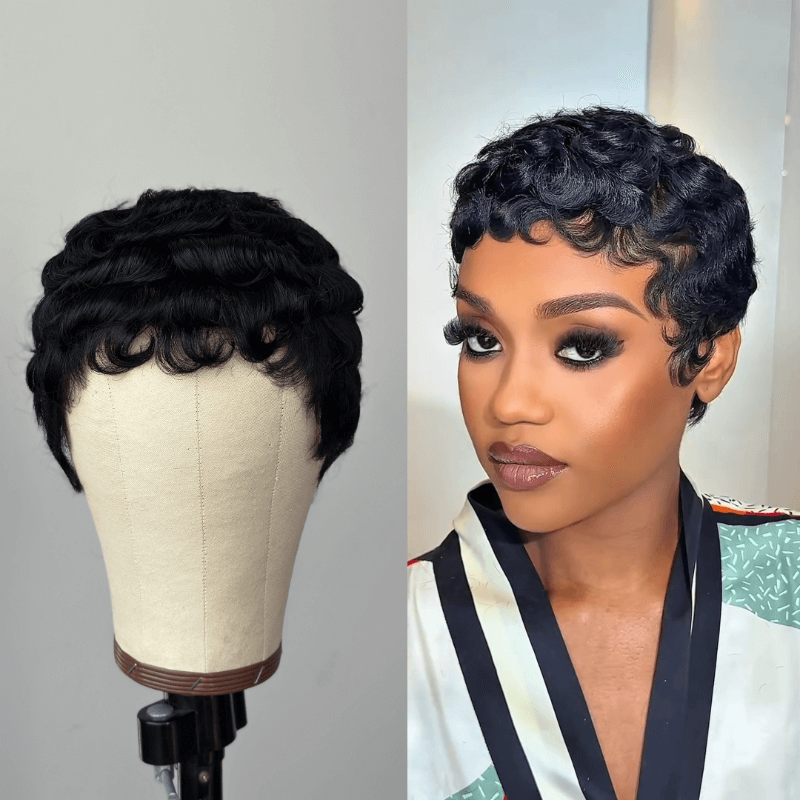 Elle Vane Full Lace Finger Wave Short Pixie Human Hair Wig