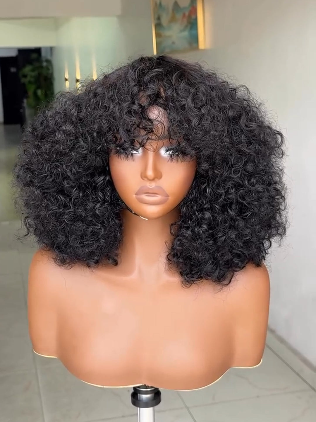 Beginner Friendly Minimalist Lace Glueless Short Curly Wig with Bangs
