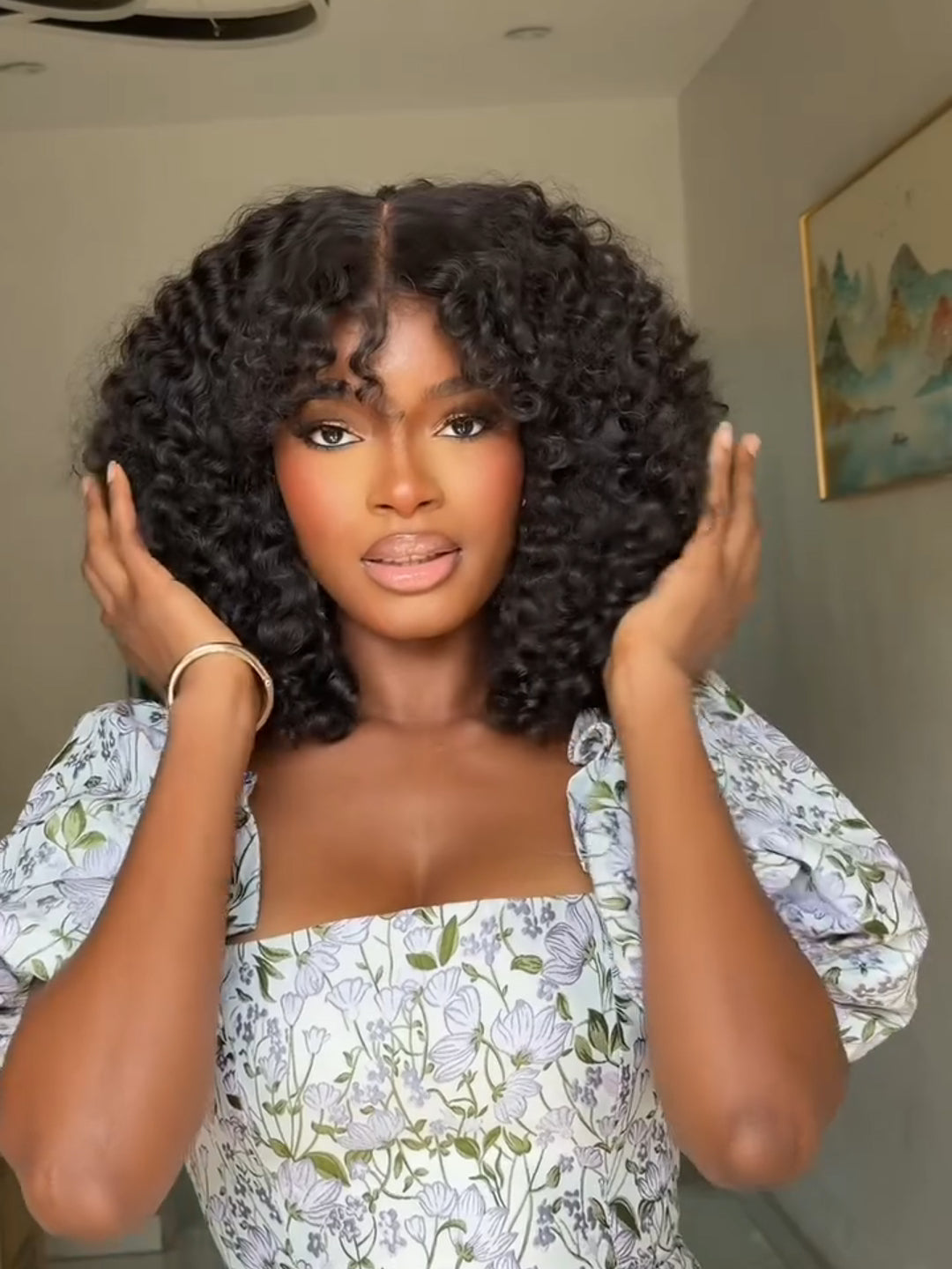 Beginner Friendly Minimalist Lace Glueless Short Curly Wig with Bangs