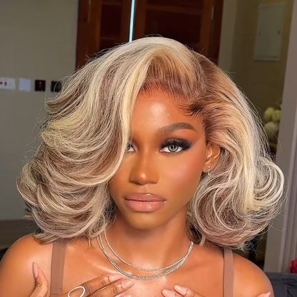 Elle Vane Ombre 613 Blonde Wave Bob With Dark Root Balayage 13x4 Lace Front Wig