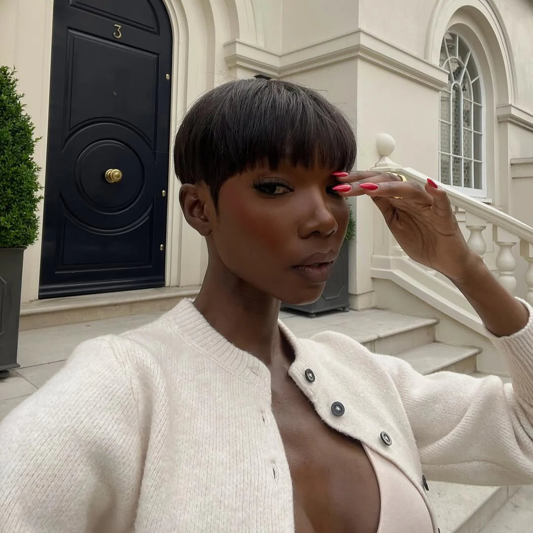 Elle Vane Put on & Go Natural Black Short Pixie Hair Bowler Cut Wig