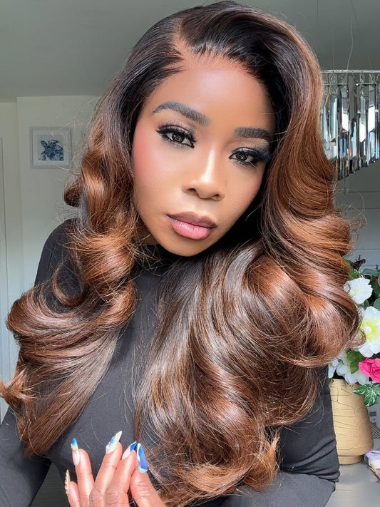 Elle Vane Luxurious Gradient Golden Brown Highlights Layered Body Wave Lace Closure Wig