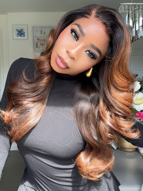 Elle Vane Luxurious Gradient Golden Brown Highlights Layered Body Wave Lace Closure Wig