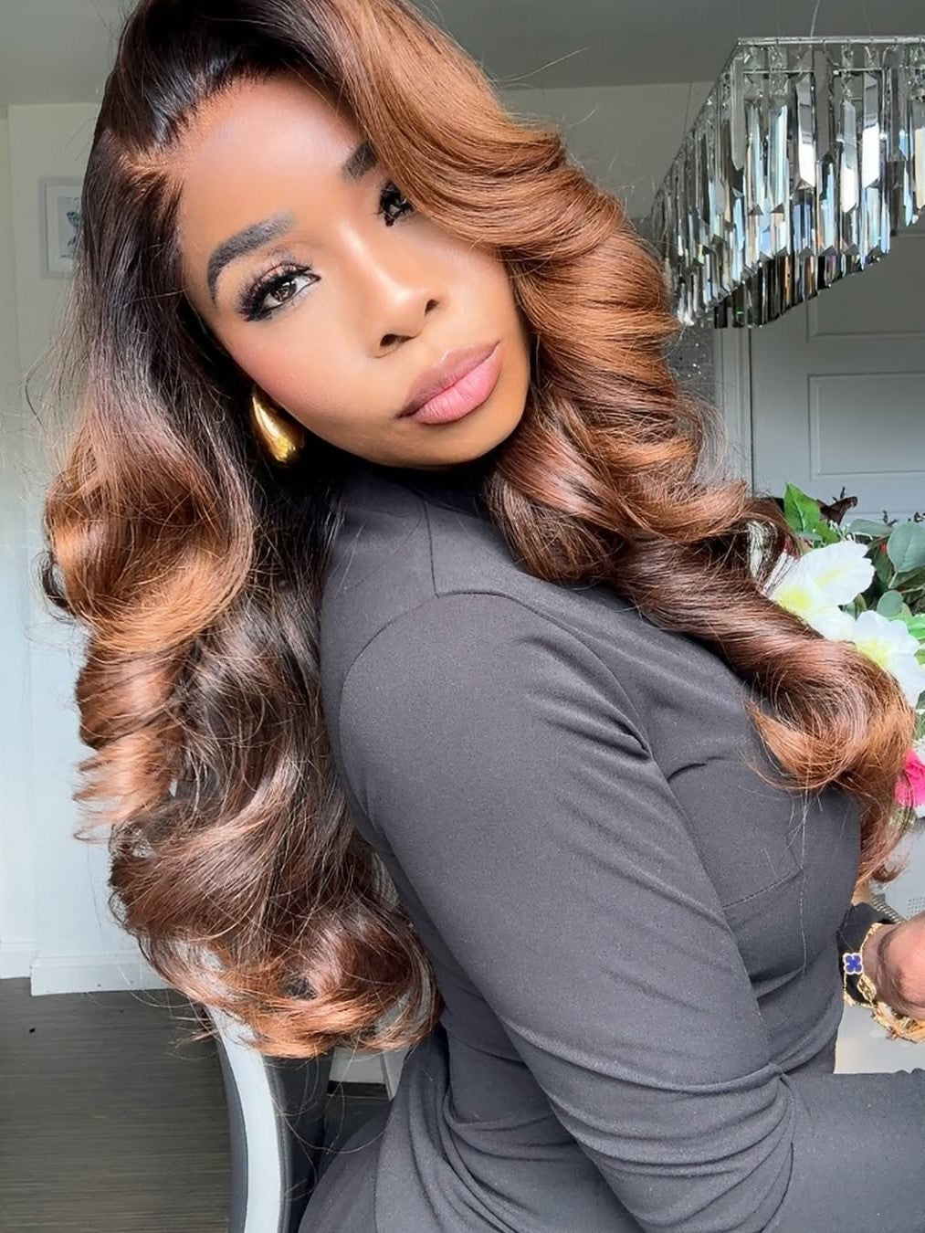 Elle Vane Luxurious Gradient Golden Brown Highlights Layered Body Wave Lace Closure Wig