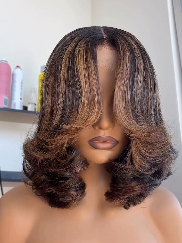 Elle Vane Blonde Highlight Short Layered Bob 5x5 Lace Wavy Wig