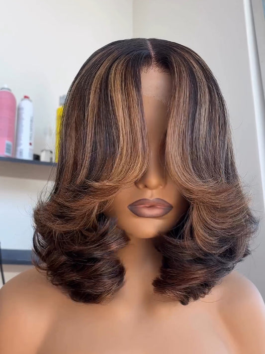 Elle Vane Blonde Highlight Short Layered Bob 5x5 Lace Wavy Wig