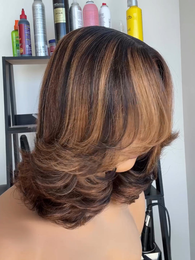 Elle Vane Blonde Highlight Short Layered Bob 5x5 Lace Wavy Wig