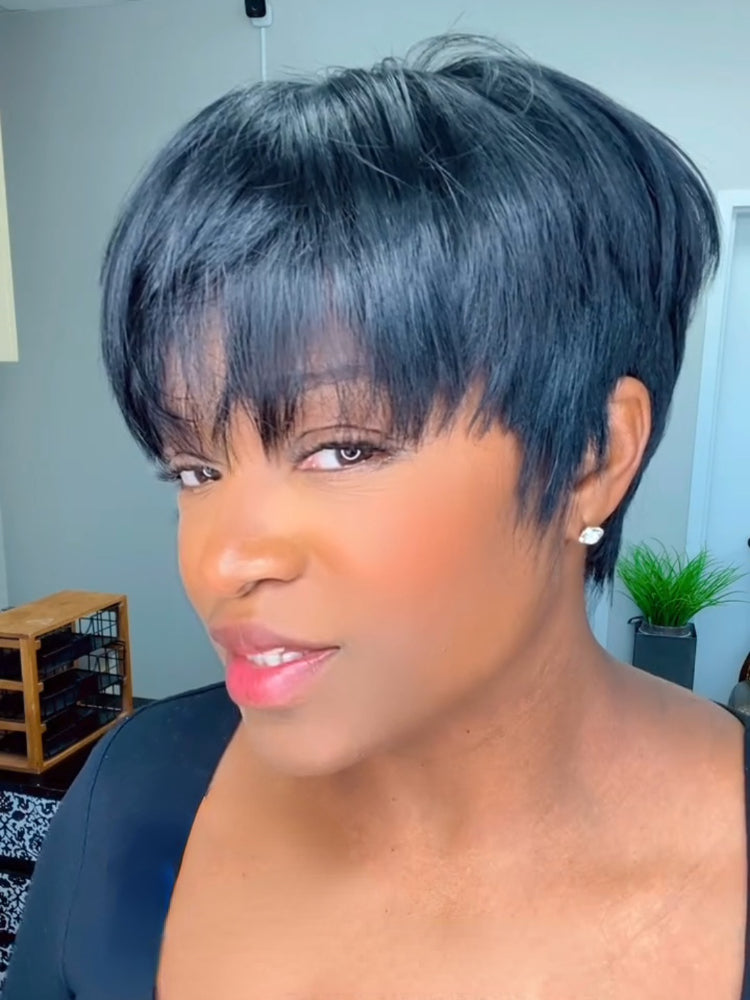 Elle Vane Put On & Go Natural Black Short Pixie Cut 5x5 Lace Closure Wig With Bangs