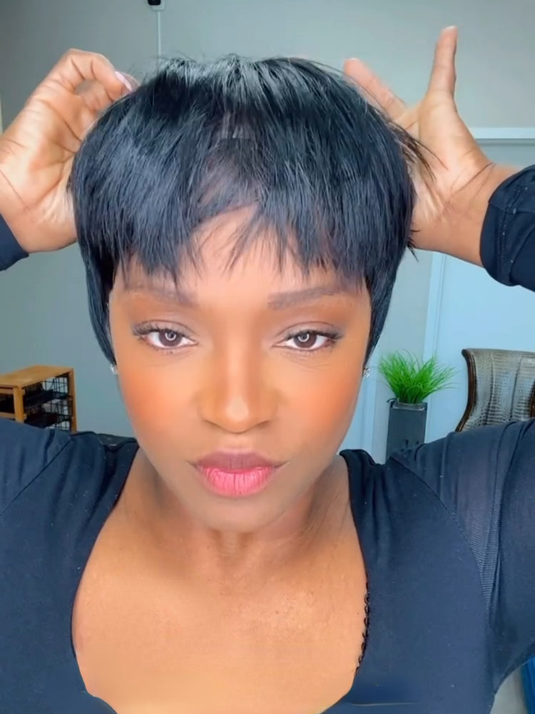 Elle Vane Put On & Go Natural Black Short Pixie Cut 5x5 Lace Closure Wig With Bangs