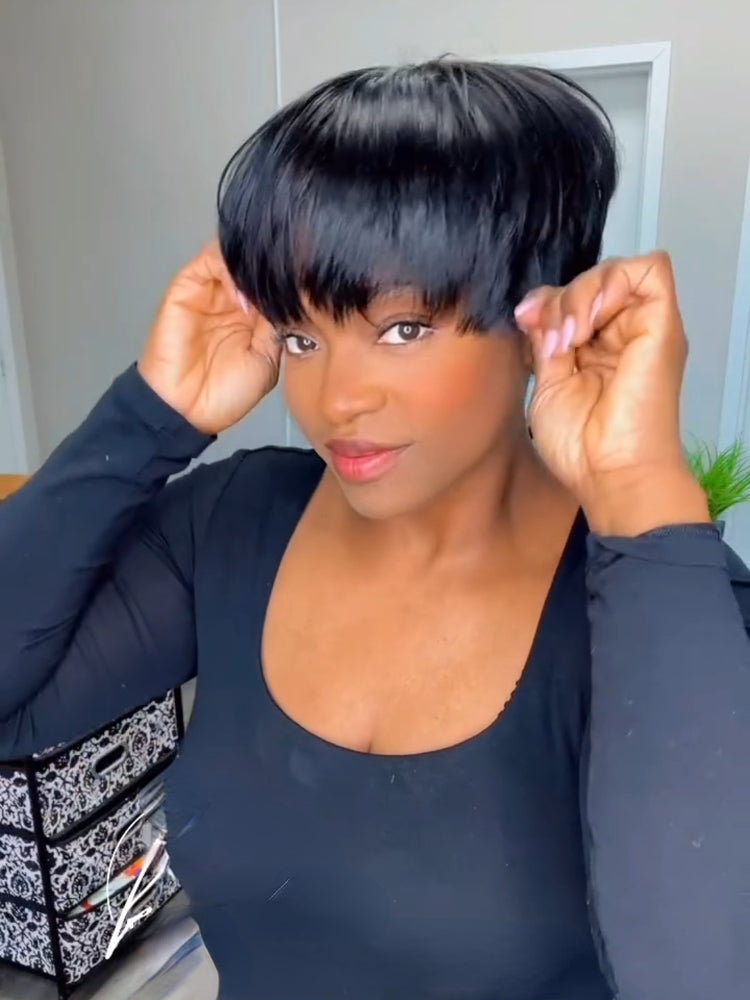 Elle Vane Put On & Go Natural Black Short Pixie Cut 5x5 Lace Closure Wig With Bangs