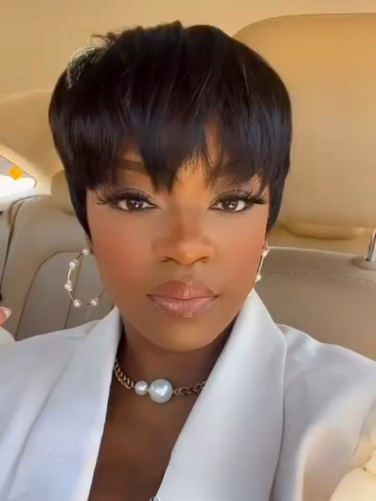 Elle Vane Put On & Go Natural Black Short Pixie Cut 5x5 Lace Closure Wig With Bangs