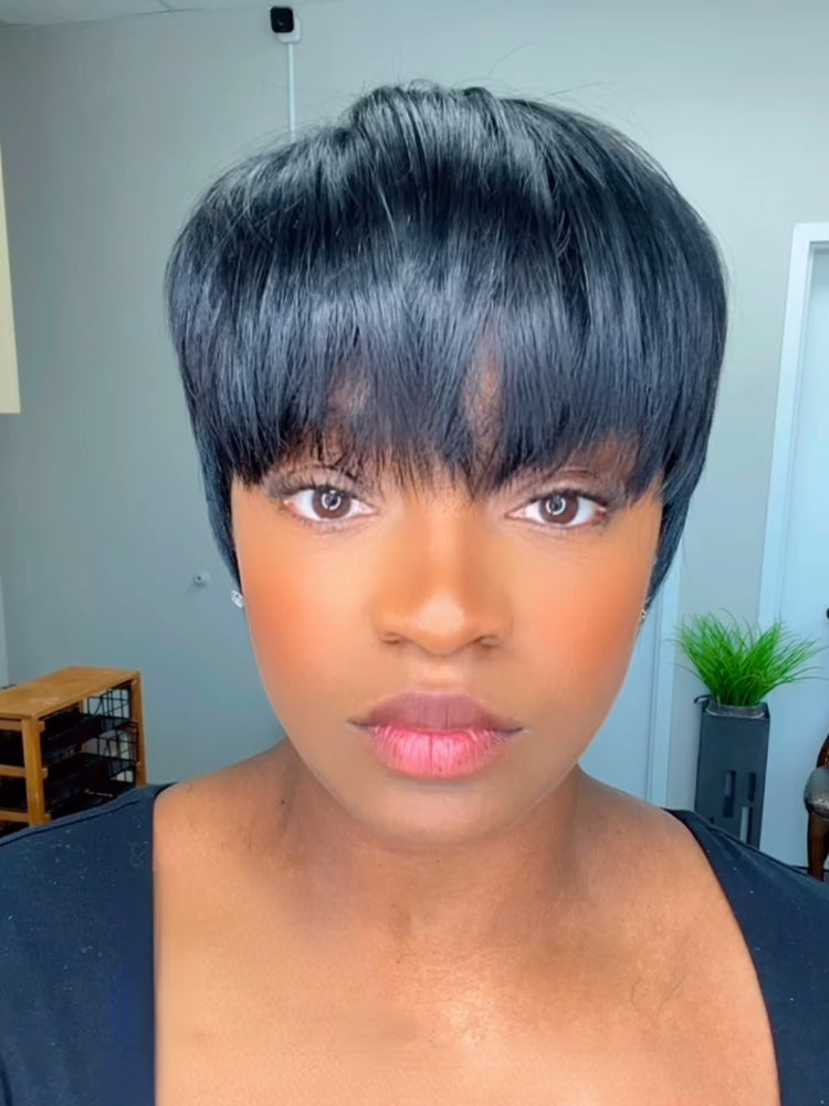 Elle Vane Put On & Go Natural Black Short Pixie Cut 5x5 Lace Closure Wig With Bangs