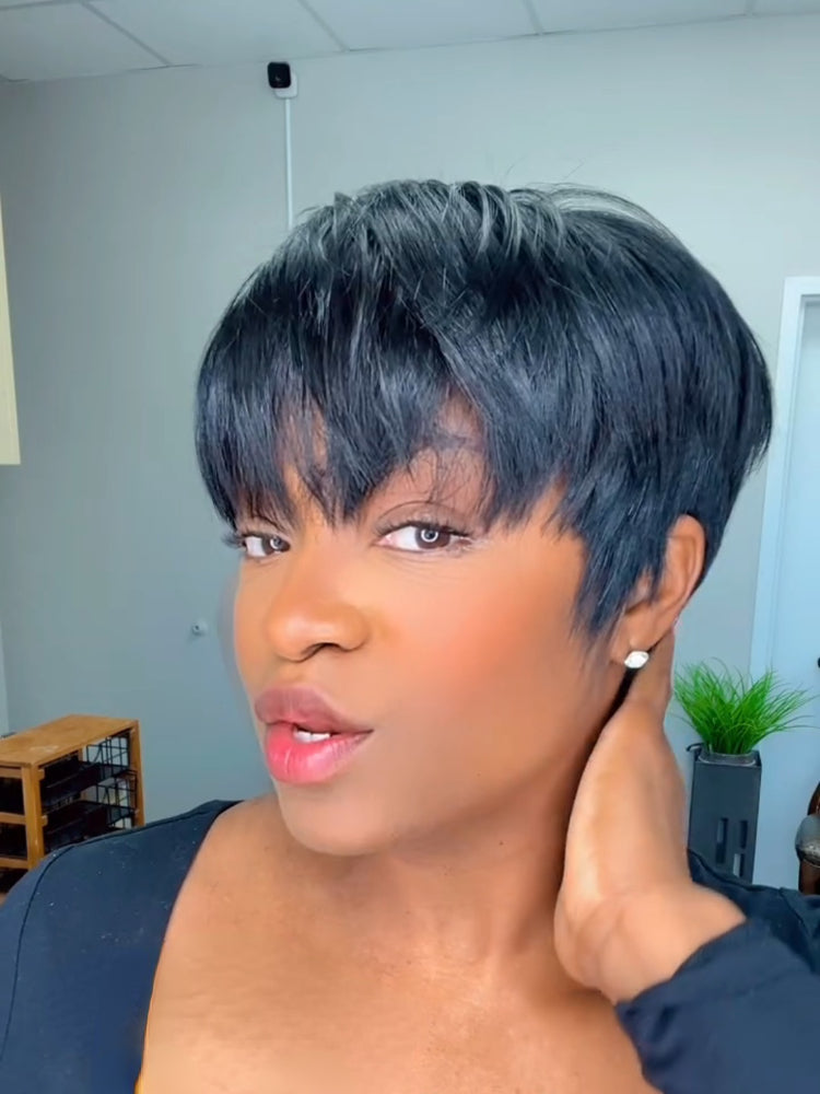 Elle Vane Put On & Go Natural Black Short Pixie Cut 5x5 Lace Closure Wig With Bangs