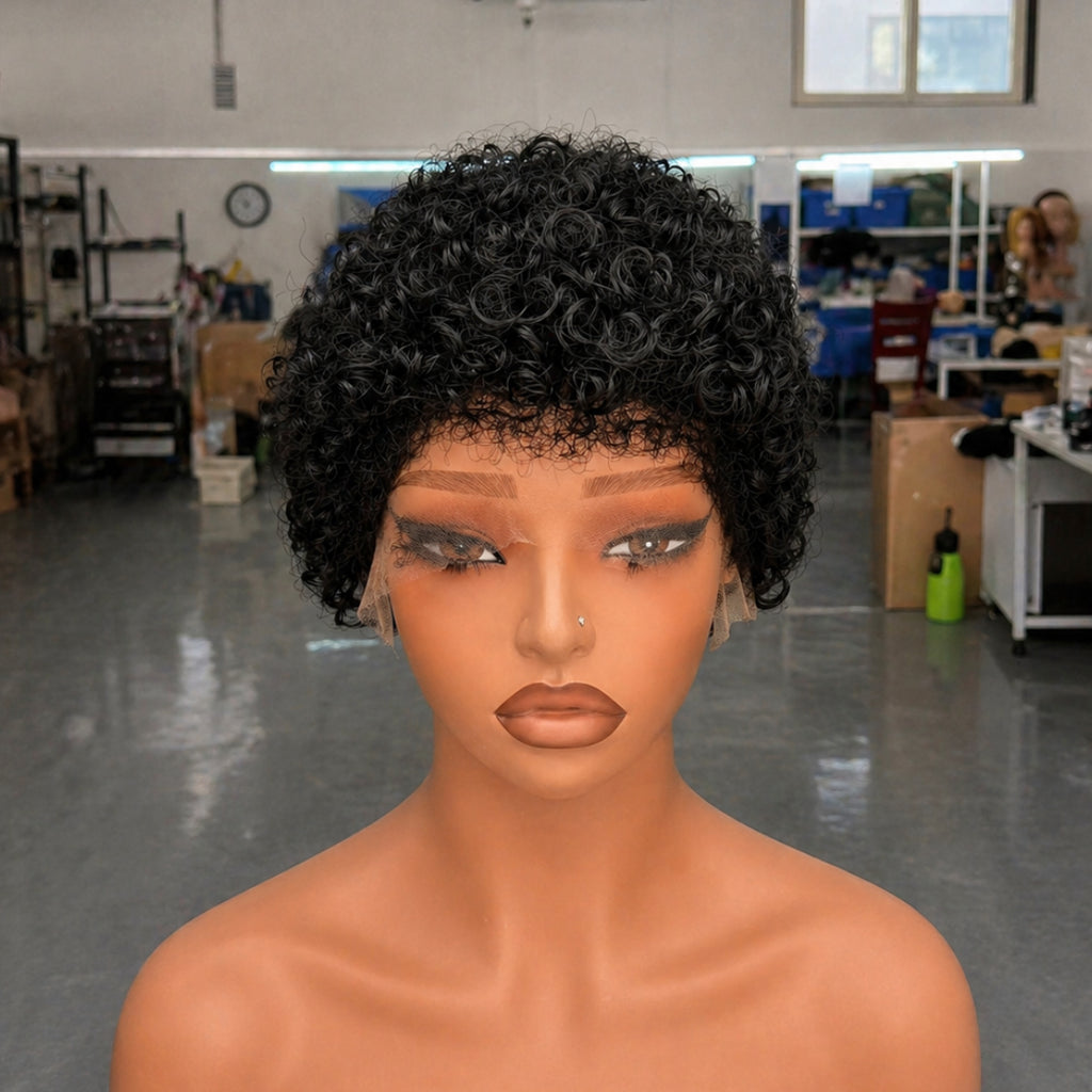 Natural Black Loose 13x4 Lace Short Pixie Curly Wig 100% Human Hair