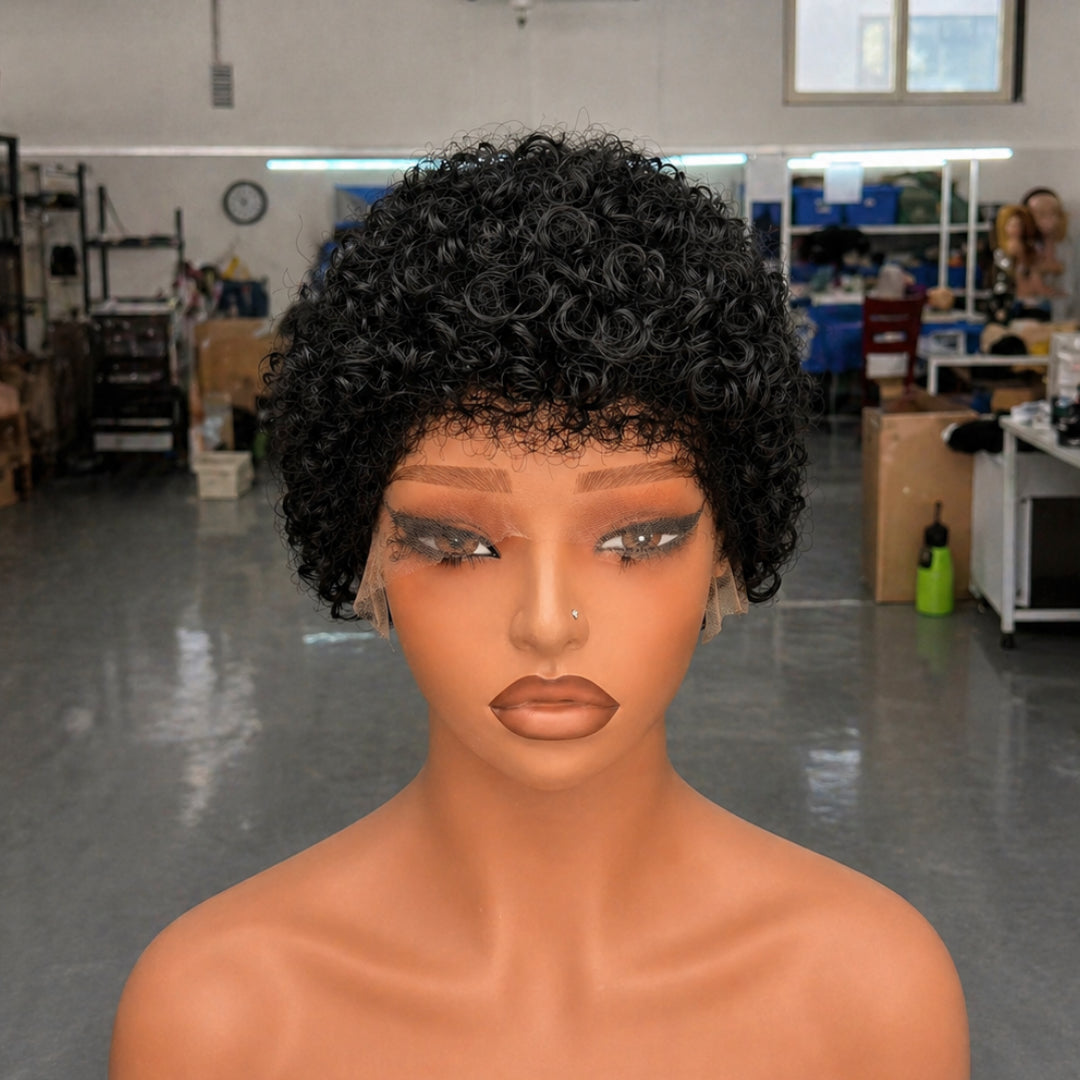 Natural Black Loose 13x4 Lace Short Pixie Curly Wig 100% Human Hair