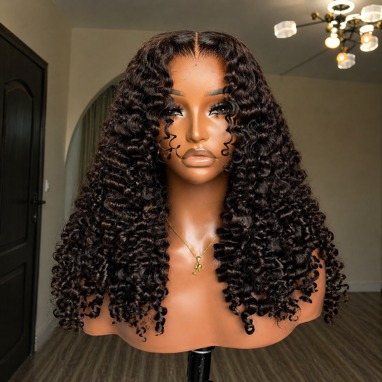 Deep Brown Layered Curly Human Hair Lace Front Wig
