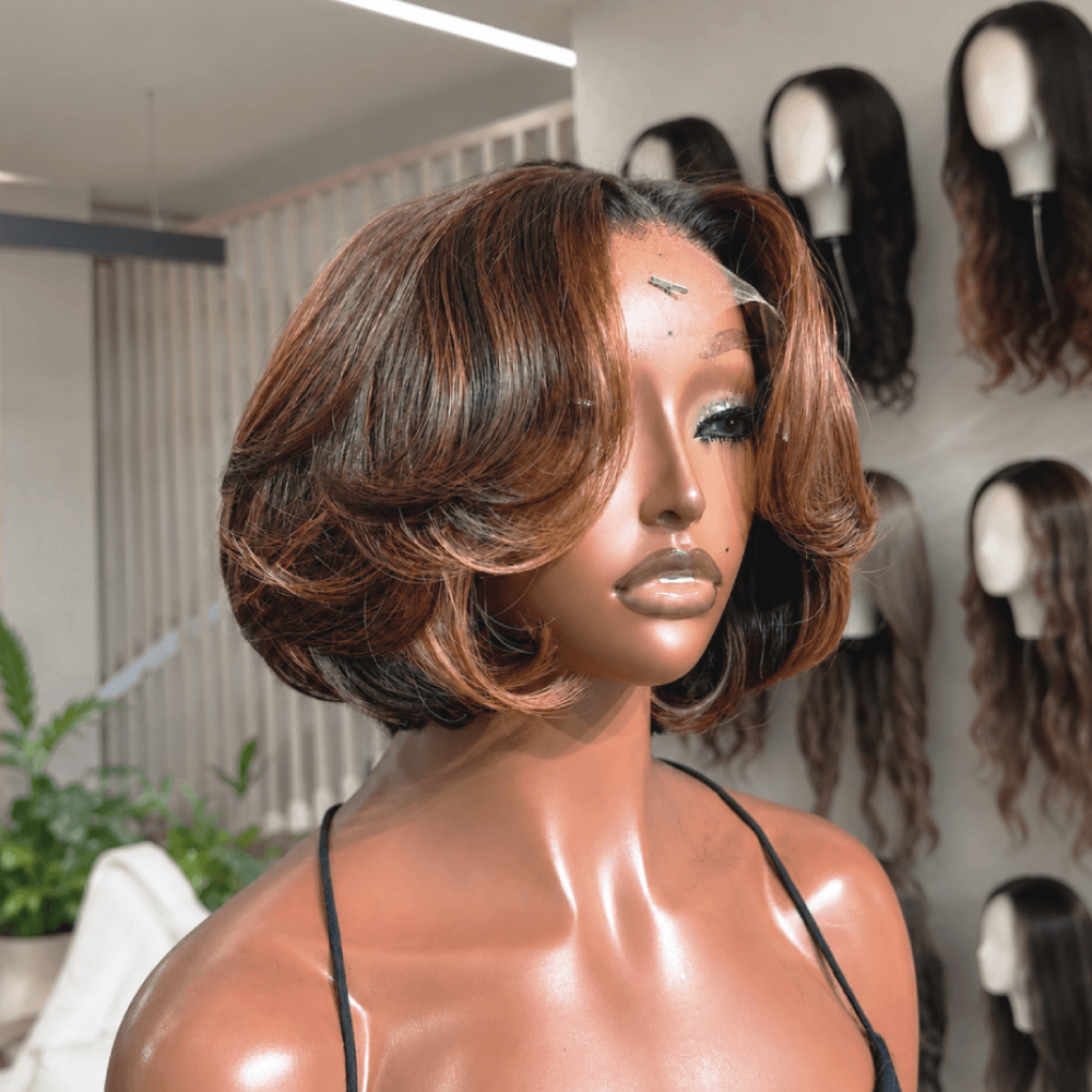 Bob Wig 13x4 Lace Front Natural Dark Brown with Caramel 100% Human Hair