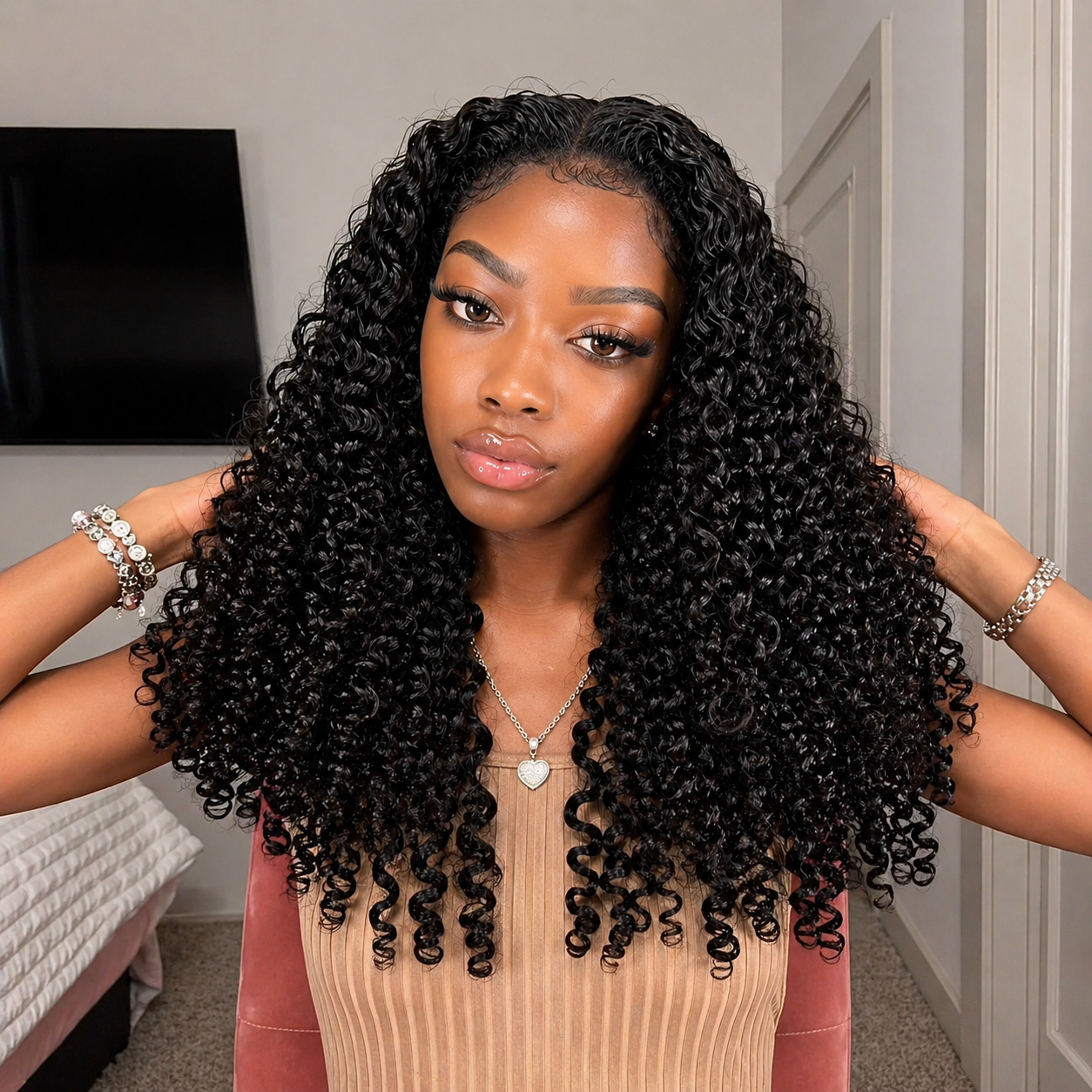 Natural Black Kinky Edges Curly Lace Front 100% Human Hair Wig with Realistic Hairline