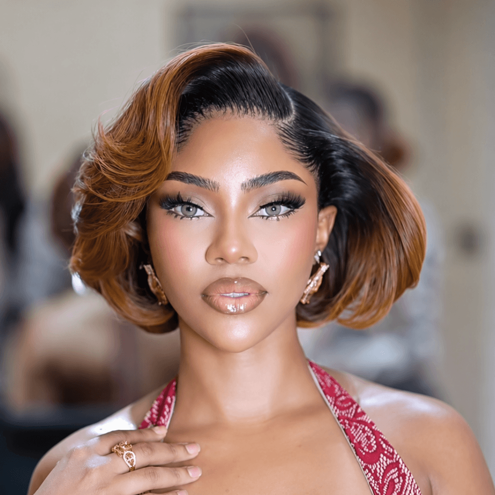 Bob Wig With 13x4 Lace Frontal Natural Black to Chestnut Ombre Human Hair
