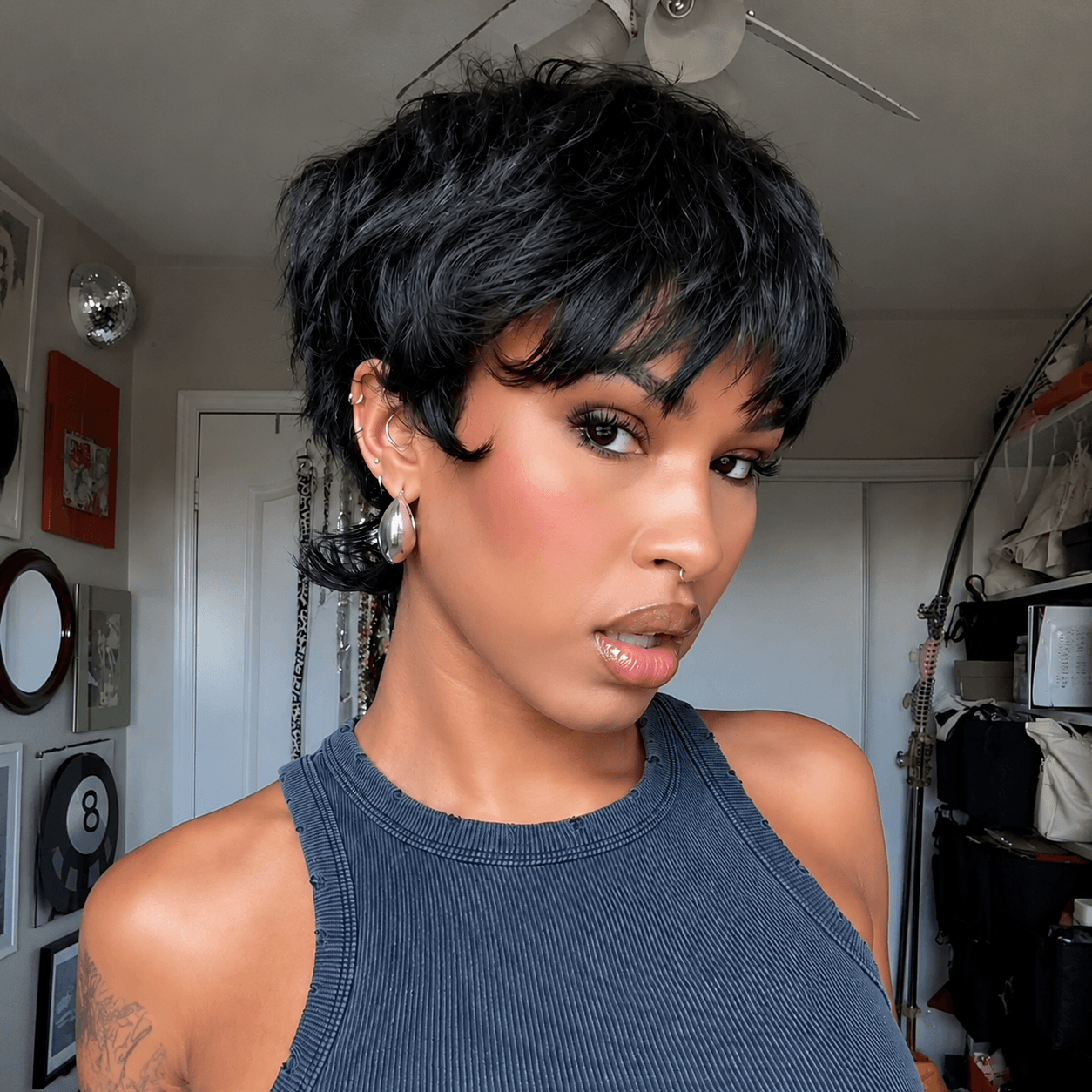 Glueless Natural Black Chic Curly Pixie Mullet Wig Layered Hair for Everyday Wear