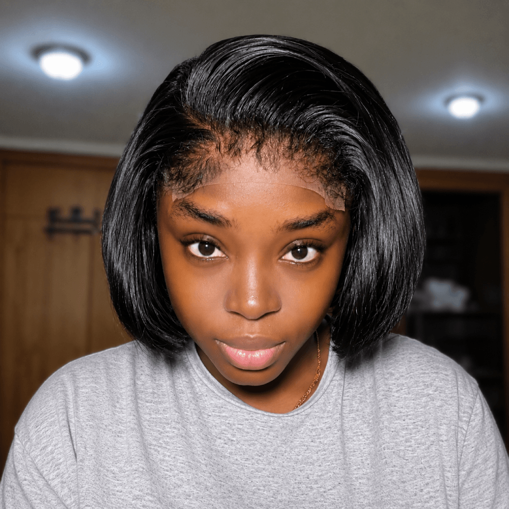 Short Bob Wig Knotless Kinky Edges Hairline Lace Natural Black Glueless Human Hair