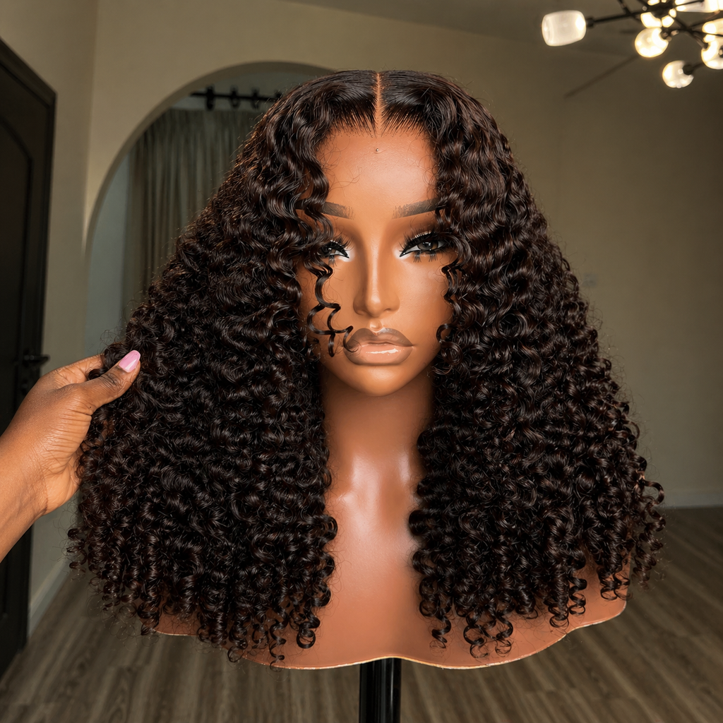 Deep Brown Layered Curly Human Hair Lace Front Wig