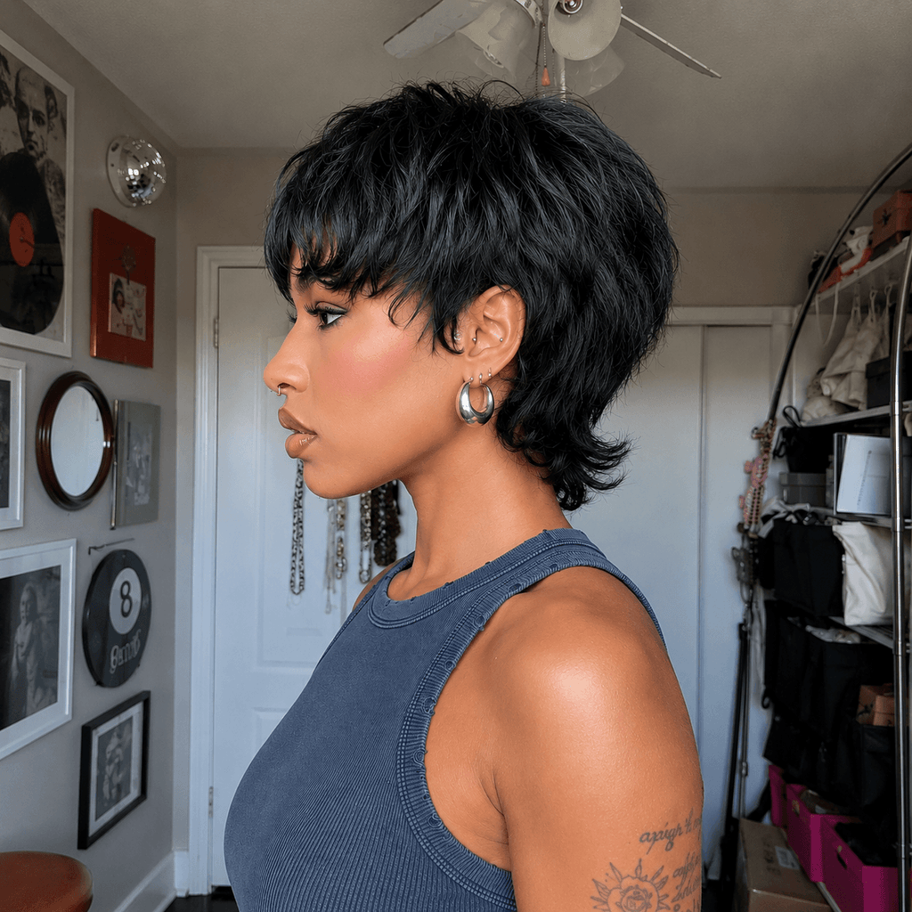 Glueless Natural Black Chic Curly Pixie Mullet Wig Layered Hair for Everyday Wear