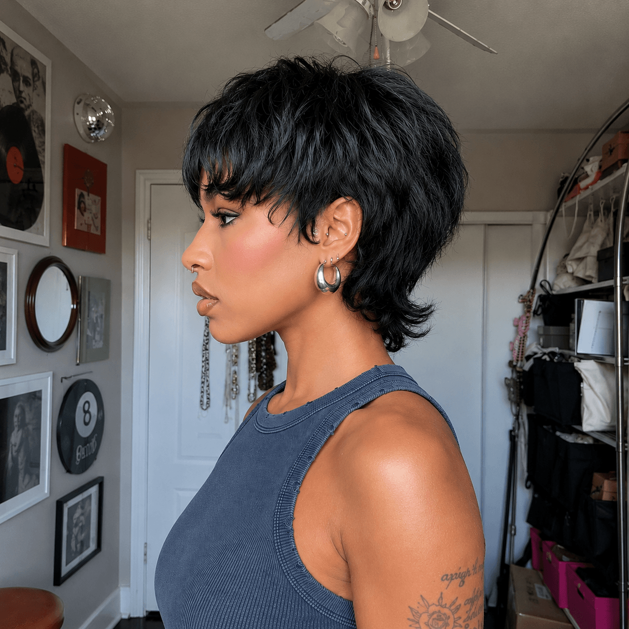 Glueless Natural Black Chic Curly Pixie Mullet Wig Layered Hair for Everyday Wear
