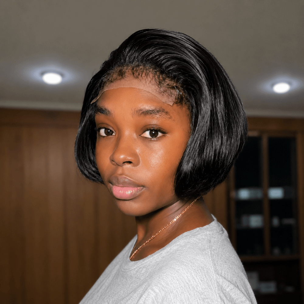 Short Bob Wig Knotless Kinky Edges Hairline Lace Natural Black Glueless Human Hair