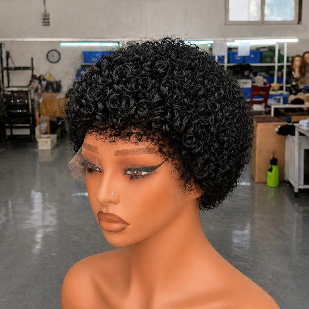 Natural Black Loose 13x4 Lace Short Pixie Curly Wig 100% Human Hair