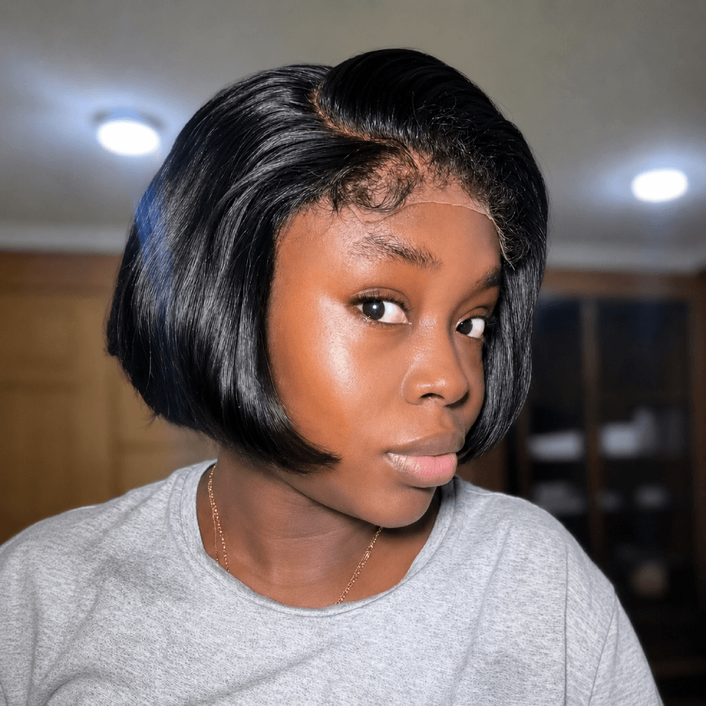 Short Bob Wig Knotless Kinky Edges Hairline Lace Natural Black Glueless Human Hair
