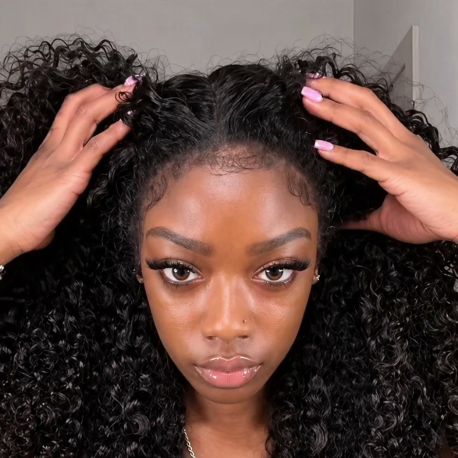 Natural Black Kinky Edges Curly Lace Front 100% Human Hair Wig with Realistic Hairline